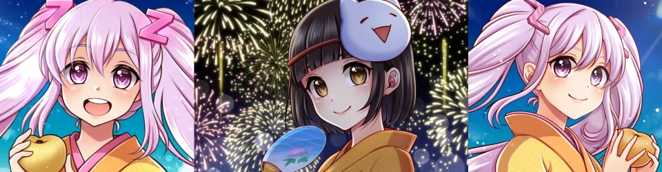 花火を背景に浴衣姿で微笑む メインビジュアル